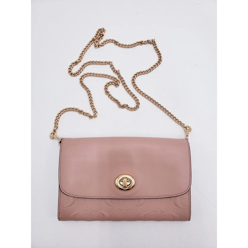 Coach Crossbody Bag Pink Signature Embossed Leather Turnlock Chain Clutch
